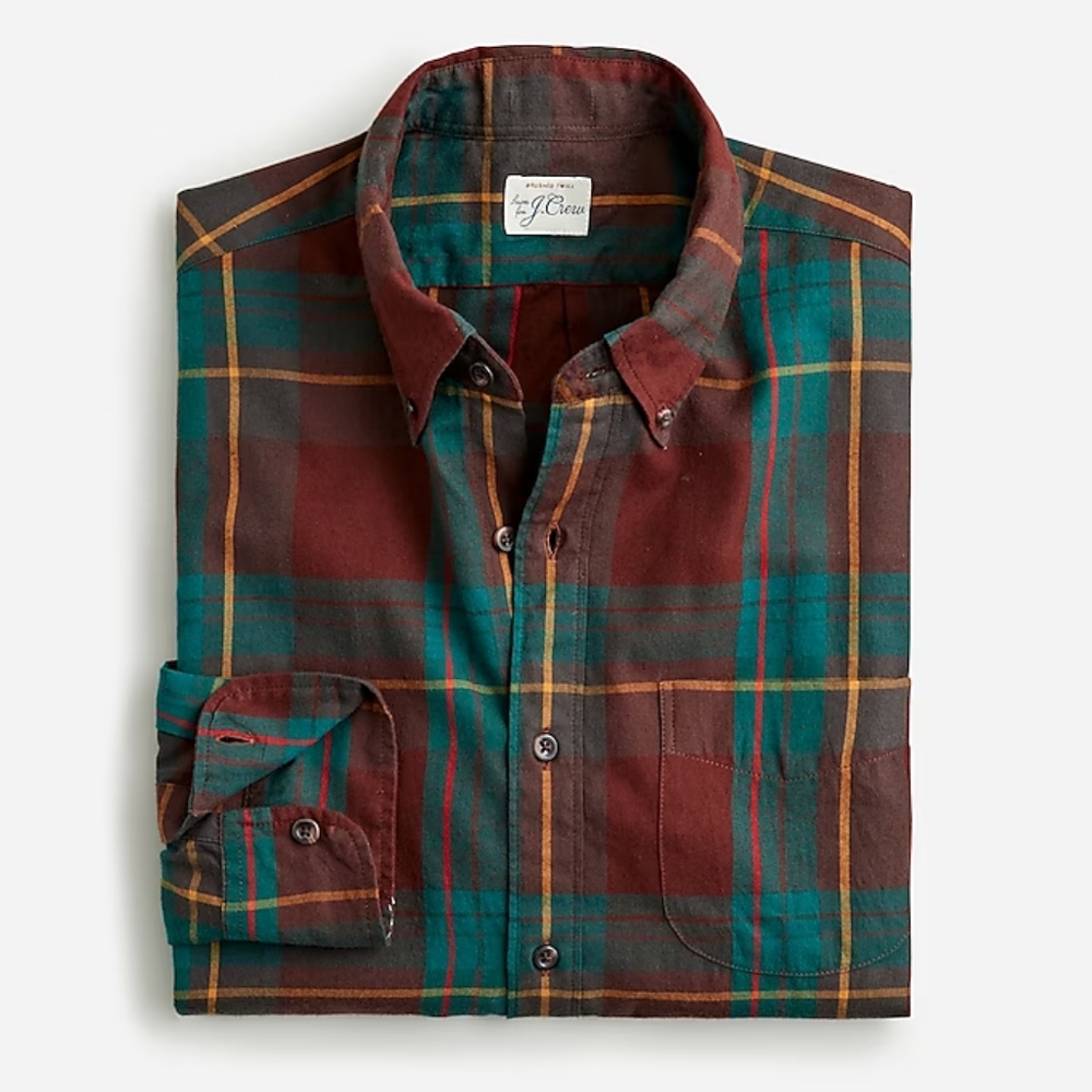 JCrew NWT Slim Untucked Brushed Twill Long Sleeve Maroon Plaid Shirt - Medium